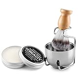 CCbeauty Mens Shaving Brush and Bowl Set, 4 in 1 Badger Shave Brushes Kit with Stainless Steel Bowl & Soap Mug, Safety Razor Stand, Birthday Boyfriend Dad Gifts Set for Men, Shaving Cream 3.5Oz