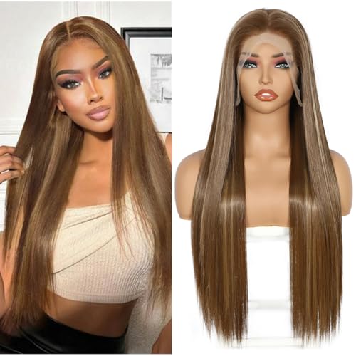 Sapphirewigs 13x6 Brown Straight Lace Front Wigs Long Straight Wig for Women Lace Front Synthetic Hair 150% Density Party Daily Wear Heat Resistant 26inch