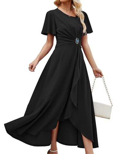 QMZ Wedding Guest Dresses for Women Have Pockets Cocktail Dress Ruffle Sleeve A Line Evening Party Formal Dresses for Women-Black-L