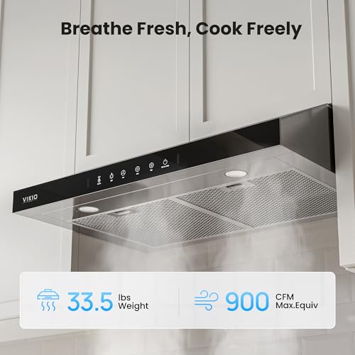 Image of VIKIO HOME Under Cabinet Range Hood 30 Inch, 900 CFM Dual Centrifugal Motor, 3-Speed Ducted Kitchen Vent, Reusable Filters, Stainless Steel Kitchen Hood with LED Lights, Low Noise, Glass Black