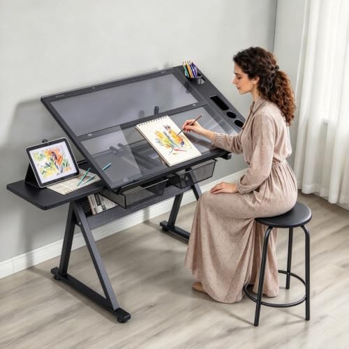 Roockky Drafting Table, Height Adjustable Art Tabe with Stool, Black