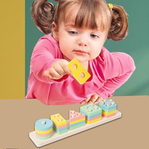 Image of SHINETOY Rainbow 5-Column Wooden Sorting & Stacking Toy | Color & Shape Recognition Blocks | Montessori Educational Toy for Toddlers, 21pcs