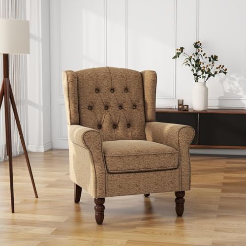 High Back Accent Chair, Fabric Upholstered Wingback Armchair, Bro...