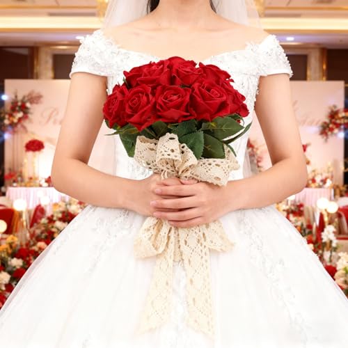 Ramo de boda artificial de tela para un recuerdo inolvidable rosa rojo 6