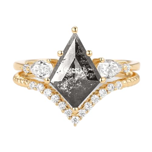 1.5ct/2ct Salt and Pepper Diamond Wedding Ring Set - Kite Cut Salt and Pepper Diamond Bridal Sets Wedding Rings White Yellow Rose 10K 14K 18K Gold Sterling Silver Gem Engagement Anniversary Promise Ring Set for Her3