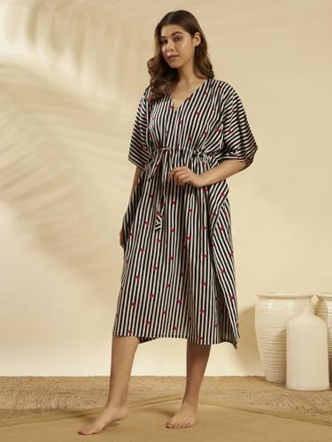 Image of Ravaiyaa Women Printed Cotton V-Neck Knee Length Kaftan Dress Nighty