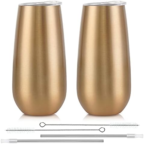 Lifecapido 2 Pack Stemless Champagne Tumblers, 6 Oz Champagne Insulated Tumblers, Double Insulated Champagne Flute Tumbler, Unbreakable Champagne Glasses for Friends Birthday Christmas Wedding (Gold)