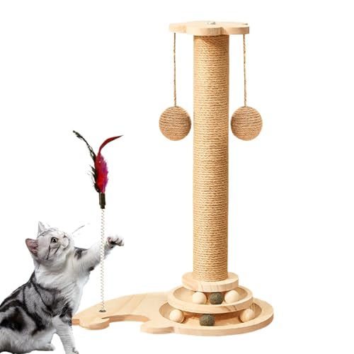 インタラクティブ猫用爪とぎポスト | 4in1 多機能子猫用おもちゃ - サイザル麻の爪とぎとプレイティーザーの組み合わせ | 登ったり、運動したり、遊んだりできる室内用キャットジム(丈夫なベース、ぬいぐるみの止まり木、吊り下げ式おもちゃ)