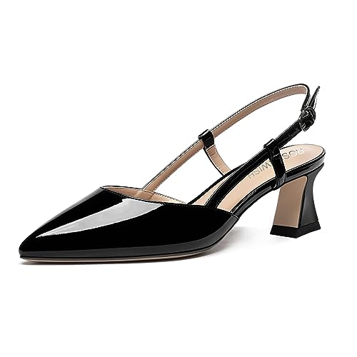 ROSERWISH Womens Slingback Dress Pointed Toe Buckle Stylish Patent Dating Chunky Low Heel Pumps Shoes 2 Inch