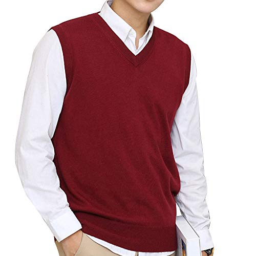 Men's Cashmere Wool Blend Sweater Vest Regular Fit Pullover Sleeveless Sweater Casual Basic Knitted Vest Classic Winter Fall V Neck Solid Color, WineRed, 3XL(Fits Like USA M)