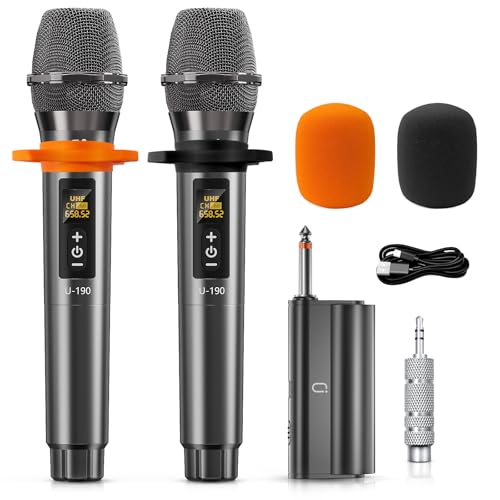HWWR Wireless Microphones, Universal Metal UHF Microphone for Karaoke Singing, 200ft Range Cordless Dynamic Mic System with Rechargeable Receiver for Wedding, DJ, Party, Speech, Church, Class