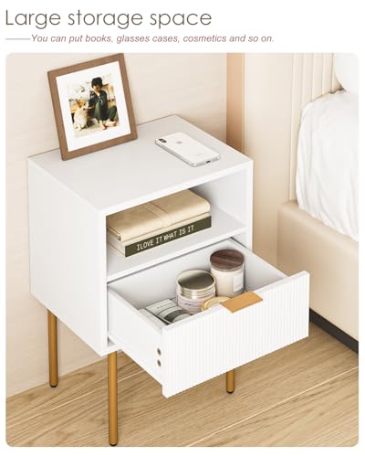AEPOALUA Nightstand,Morden Bedside Table with Gold Frame,Small White Night Stand,End Table,Bedside Furniture,Side Table with Drawer and Shelf for Bedroom,Living Room (1Drawer, White)