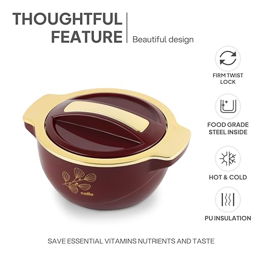 Image of CELLO Radiant Set of 3 Pcs Insulated Steel Casserole Hot Box For Kitchen, Burgundy (500ml, 1000ml, 1500ml) | Airtight Hot Pot Case Keeps Food Hot & Warm, Casserole Set For Roti Chapati Rice Biryani