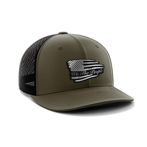 Torn We The People Black Leather Patch Hat (od Green Black) - Adjustable Trucker Hats with Snapback