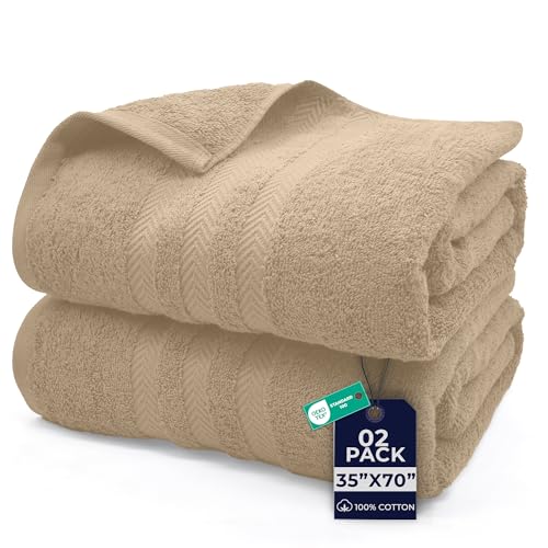 Image of DAN River 2 Pack Bath Sheets Extra Large 35x70, Large Bath Towels for Adults, XL Oversized Heavy Duty Towel Set, 600 GSM 100% Ring Spun Cotton, Soft Quick Dry, Tan