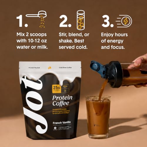 Image of Jot Protein Iced Coffee - 25g Grass-Fed Whey, Only 4 Ingredients - 170mg Caffeine, 1g Sugar, No Artificial Sweeteners - Mix with Water, Milk or Smoothie - French Vanilla (15 Servings)