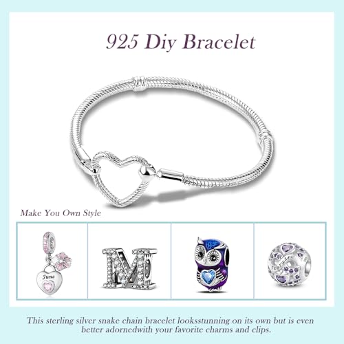 925 Sterling Silver Snake Chain Bracelet,Compatible with Pandora Charms Pendant,Heart Shape Bracelet Clasp for Womes Jewellery Gift4