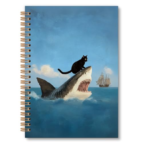 OINDADE Ocean Black Cat Shark Notebook Journal, Funny Black Cats Spiral Notebook, Coastal Cat Shark Lovers Blue Sea Notebooks Gifts for Women Men, Funny Cat School Office Supplies, 6x8.2In