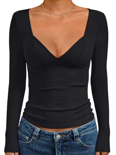 Trendy Queen Long Sleeve Crop Tops Back to School Clothes Black Long Sleeve Shirts Going Out Top Fashion Clothing V Neck Basic Y2K Clothes Cute Shirt Corset M