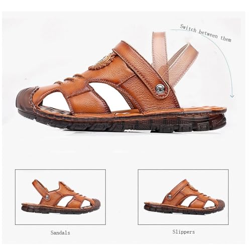 CLSQLXYJZC Men's Outdoor Leather Closed Toe Soft Sole Adjustable Arch Support Beach Sandals, Casual Two Uses Beach Flat Walking Breathable Sandles, for Travel, Beach, Meeting, Shopping, Leisure4