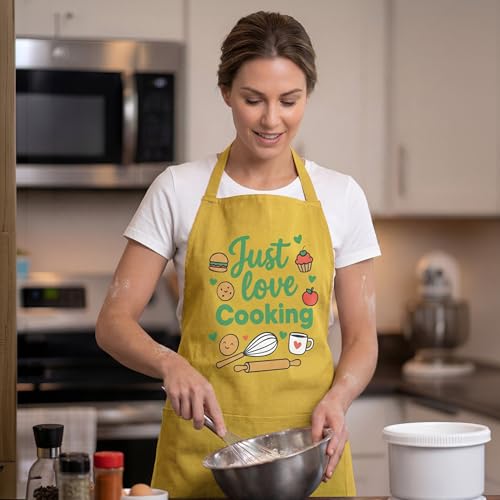 Image of Yellow Weaves Cotton Canvas Printed Kitchen Apron with Large Pockets, Cooking Apron for Men & Women, Durable Chef Apron for Cooking, Barista, Restaurant, Cafe Kitchen Apron