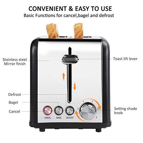 Vestaware 2 Slice Toaster, Extra Wide Slot Bread Bagel Toaster 2 Slice - Bagel/Defrost/Cancel Function, 6 Bread Shade Kitchen Toaster with Removable Crumb Tray for Bread Waffles, Stainless Steel