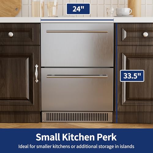 Image of Coolski 24 Inch Under Counter Beverage Refrigerator Drawers, Built-in /Freestanding Stainless Steel Outdoor Refrigerator for Patio, Low Noise Beverage Cooler for Home, Bar, Kitchen, ETL, NSF Approved