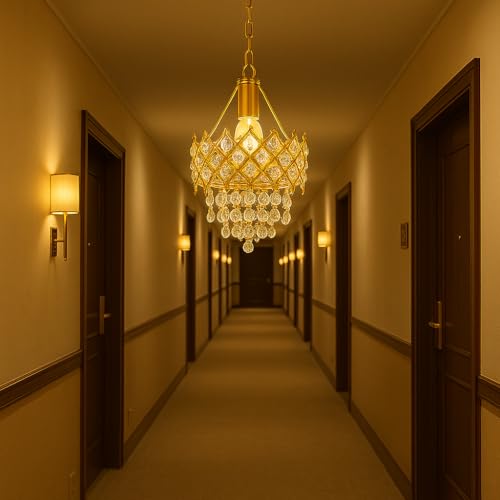 Image of TRIPPING Golden Crystal Ceiling Pendant Lamp with E27 Bulb Holder - Elegant Chandelier-Style Light for Living Room, Dining Hall, Hotel, Balcony, Cafe, and Reception Decor