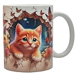 Shopi Zone Taza cerámica con gatito anaranjado – Diseño tierno con mariposas y flores en 3D