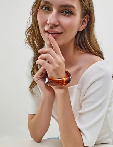 WOWORAMA Colorful Resin Acrylic Bangle Bracelets for Women Geometric Chunky Mottled Acetate Resin Bangles Wide Acrylic Plastic Bracelets Statement Jewelry
