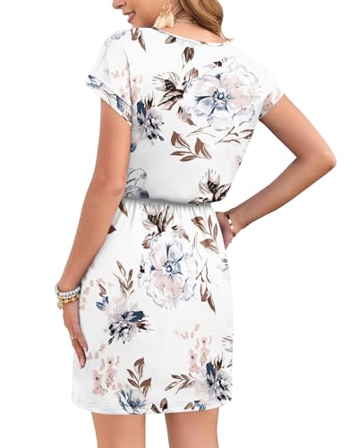 Image of AUSELILY Womens Summer Mini Dress, Short Sleeve V Neck Drawstring Casual | Soft smooth drape with an adjustable drawstring waist for beach, casual outings and daily wear