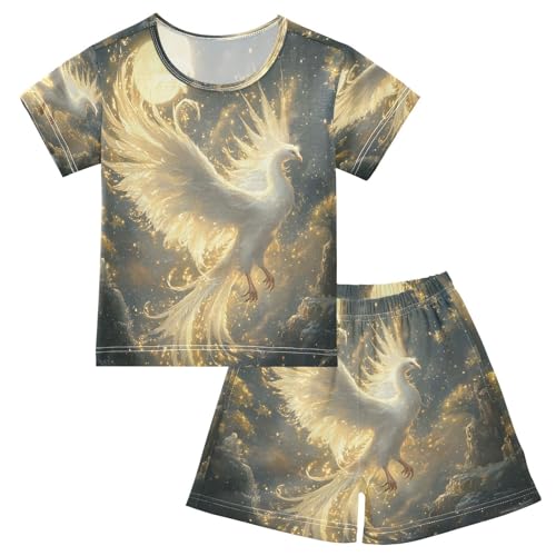 ALAZA White Phoenix Pajamas Set Short Sleeve Cotton Sleepwear Summer Pjs 2 Piece 5-14Y