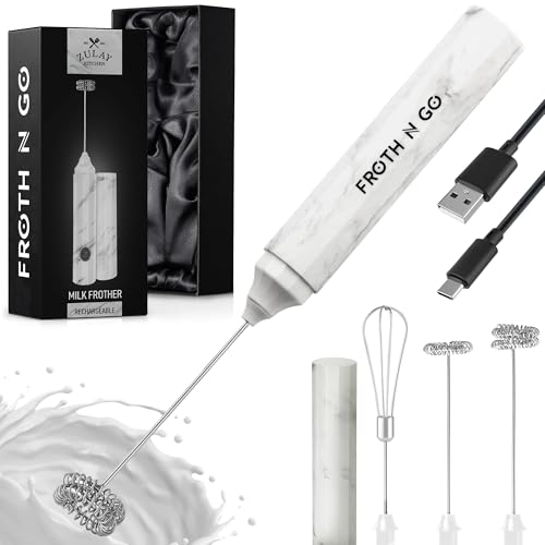 Zulay Froth N Go Milk Frother – Rechargeable 3-in-1 Handheld Frother Wand with Travel Case & USB-C Charger – Single, Double & Egg Whisk for Latte, Cappuccino, Matcha, Protein Shakes - Frosted Marble