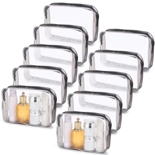 Tbestmax 10 Pack Clear Cosmetic Bags Makeup Bags Portable Waterproof TSA Approved Travel Toiletry Bags Large Organizer Matte Black, 9" x 6.3" x 2.6"