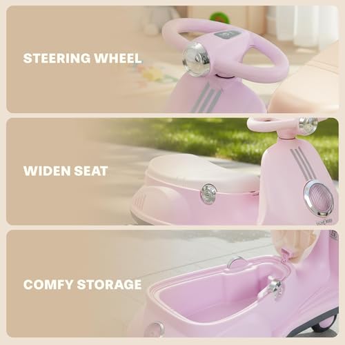 Image of Baybee Gliddo Baby Swing Car for Kids with LED Lights & Music | 360 Steering Twister Push Ride On with Wide Seat, Storage & Smooth Glide | Wiggle Magic Car for Boys & Girls Aged 3+ Years (Pink)