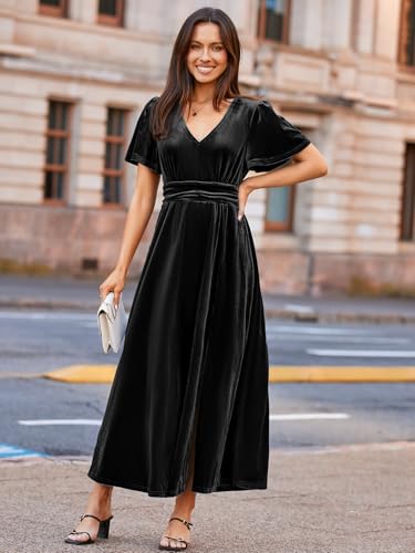 Image of Simplee Women's Velvet Maxi Dress V Neck Short Sleeve Empire Waist Semi Formal Long Cocktail Dresses