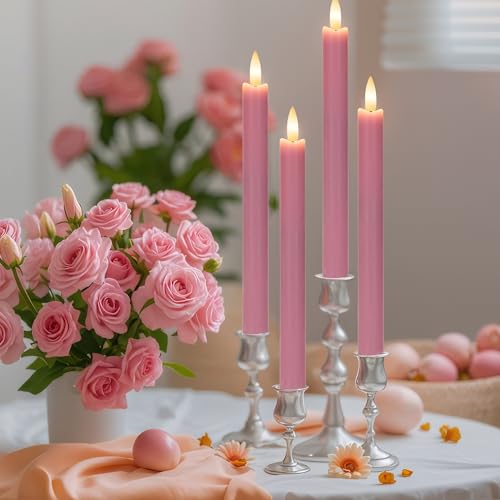 Image of Pink Flameless Taper Candles with Remote, Real Wax Battery Operated LED Candles with 3D Flickering Flame, 9.6 inch Realistic Dripless Candlesticks for Valentine's Day Decor, Proposal Wedding, 3 Pack