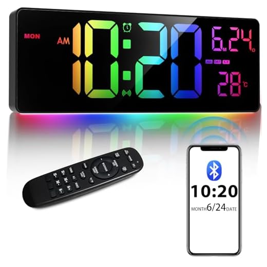 16" Bluetooth Large Digital Wall Clock/Auto Time Sync, 10 RGB Colors Digital Clock Large Display with Remote, Auto-Dimming/DST, Calendar, Timer, Alarm, 6 Night Lights Big Digital Clock for Decor
