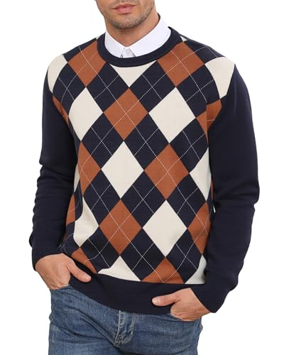 RQP Men's Crewneck Sweater Slim Fit Argyle Pattern Long Sleeve Knit Pullover Sweater for Casual Or Dressy Wear