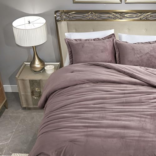 HUMESIIL Poly Plush Comforter Set Poly Plush Fabric for Both Front and Reverse with Downalternative Fill 3 Pieces Queen 92x96 Dusty Mauve