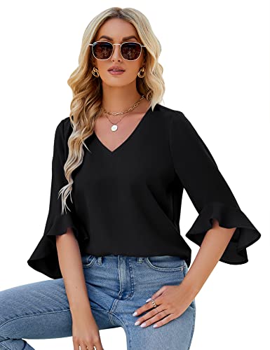 Qirno Chiffon Blouses for Women Ruffle 3/4 Sleeve Dressy V Neck Casual Flowy Tunic Tops4