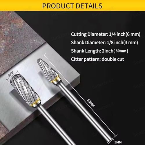 Image of Sunkizzrs 10-Pcs Tungsten Carbide Rotary Burr Set -Carbide Double Cut Carving Burr Bits with 1 /8 inch(3mm) Shank -Rotary Tool Accessories for Woodworking, Engraving, Drilling, Steel Metal Working