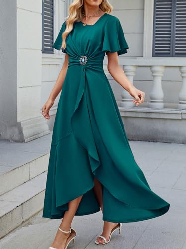 Image of QMZ Wedding Guest Dresses for Women V Neck Cocktail Dress Ruffle Sleeve A Line Evening Party Formal Dresses for Women