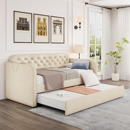Twin Daybed with Trundle and USB Port, Modern Velvet Upholstered