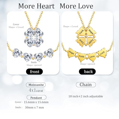 Image of Luckylove 2-In-1 Four Heart Necklace for Women, 4 or 2 Carats Moissanite, Sterling Silver Jewelry, Anniversary Birthday Christmas Valentines Day, Special Gifts For Wife Girlfriend Daughter Her (4 x 1ct Heart Moissanite Gold-Plated Silver Necklace)