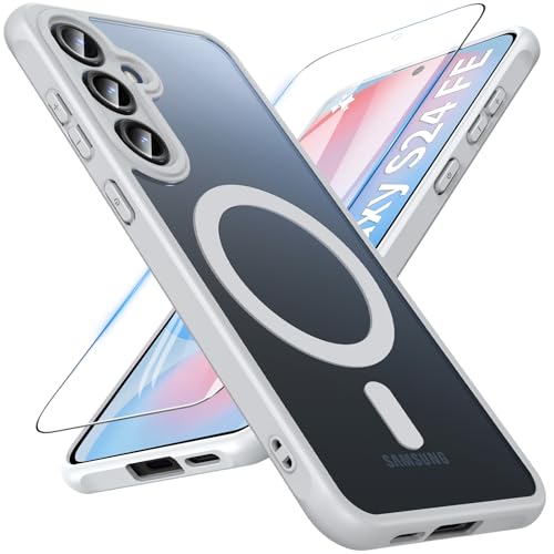 Image of OWKEY for Samsung Galaxy S24 FE Case 6.7'', Magnetic Galaxy S24 FE Case for Magsafe with Tempered Screen Protector [Shockproof Military] Translucent Matte Bumper Phone Cover Samsung S24 FE 5G, Gray