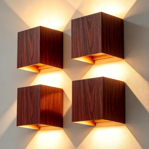 Image of CANMEIJIA Outdoor Wall Lights Indoor Pack of 4, 12W LED Wall Sconce Walnut Effect IP65 Rating, 3000K Warm Light Adjustable Beam Angle Aluminium Up Down Lighting Lamp for Hallway Patio Garden