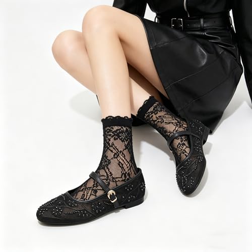Image of Mesh Ballet Flats for Women Embroidered Floral Mary Jane Flats Round Toe Slip On Ballerina Shoes Comfortable Casual Daily Dress Flat Shoes