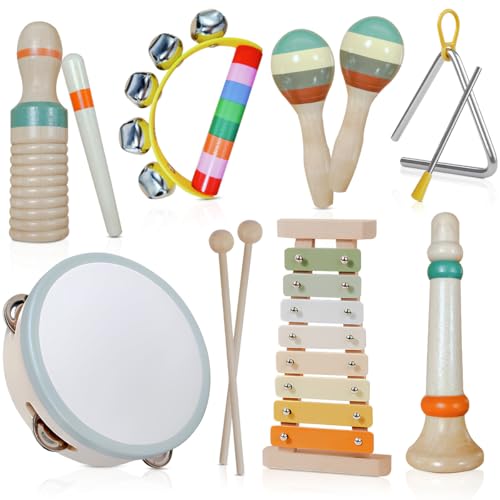 Image of Toddler Musical Instruments Set - Neutral Colors Wooden Montessori Toys Percussion Instruments Musical Toys with Modern Boho Xylophone Tambourine for Kids Preschool Educational 3+ Birthday Gifts