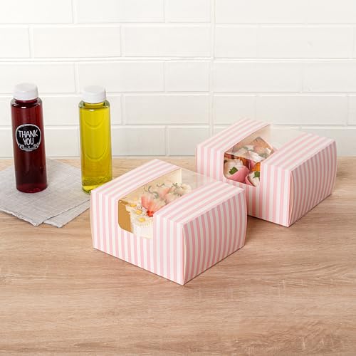 Restaurantware Pastry Tek 7.1 x 5.9 x 3.9 Inch Pastry Boxes 100 Disposable Donut Boxes - With Clear Window Easy Assembly Striped Paper Cookie Packaging Boxes For Muffins Or Mini Cakes by Restaurantware - Image 3